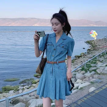 Korea Fashion Denim Sünnipäeva Kleit Naistele Lühikesed Puhvis Varrukad Mini Plisseeritud Kleidid, millel on Taskud Suvel Retro Teksad Stiilne Kleit