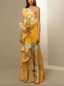 Prantsuse Vintage Seksikas Temperament Kleit Pakitud Talje Vabaaja Prindi Kaldus Õla Kleit 3D-Dekoratiivne Lill Kleit Suvel 2023