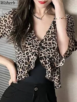 Elegantne V-Kaeluse Leopard Naiste Kärbitud Särgid 2023 Uus Õrn Vintage Sifonki Pluusid Y2k Pikad Varrukad Korea Blusas Mujer De Moda