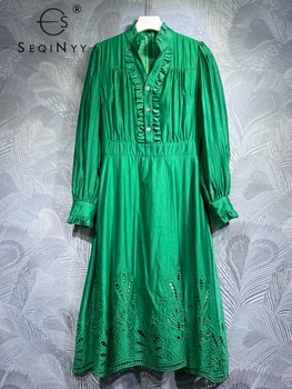 SEQINYY Elegantne Kleit Suvel, Kevadel Uus Mood Disain Naiste Raja High Street Vintage Õõnes Läbi Lillede Puhkus Vöö
