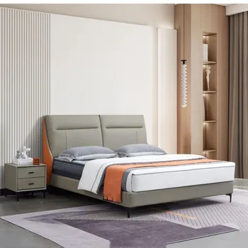 Itaalia minimalistlik nahast voodi kahekordne kaasaegne lihtne magamistuba