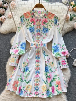 Elegantne-line Plisseeritud Kleit Naiste Pikkade Varrukatega Trükitud Lilleline Kleit Kevad Sügis Fashion Vintage Lühike Kleit Vestidos
