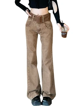 90s Vintage pruun lahvatas teksad, naiste sügis kõrge vöökoht disain lahti ja slim lahvatas mopiga püksid