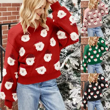 Jõulud Vabaaja Topid Naistele Pika Varrukaga Pullover Armas Fuzzy Santa Muster Puuvill Mõnitama Kaela Kottis Pullover Naiste Kampsunid