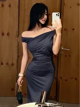 WOMENGAGA korea Stiilis Elegantne Pikk Kleit Diagonaal Krae Seksikas Maha Õla Tops Slim Mood Seksikas Naiste Kleit Vestido UZN6