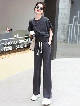 Korea Fashion Naiste Püksid Komplekt 2023 Suvel Varustus Naiste Lühikese Varrukaga Topid Tee & Lai Jalg Püksid Kahe Töö Seab Kiri