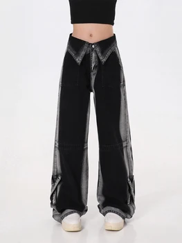 Naiste Must Gooti Lasti Teksad Y2k Lai Jalg Püksid Kõrge Vöökoht Korea Fashion Punk Goth Denim Püksid Kottis Vintage Teksaseid Suve