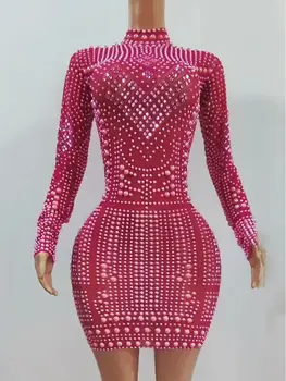 2023 Naiste Luksus Pikad Varrukad O Kaela Pearl Roos Punane Mini Hommikumantlid Kleit Kuulsus Elegantne Õhtu Pool Klubi Kleit