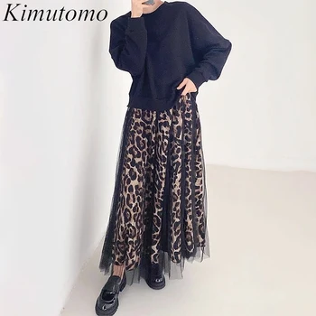 Kimutomo Elegantne Lahti Leopard Printida Silma Pleisse Kleit Naine Juhuslik O-kaelus Pikad Varrukad Värv Seevastu Pikk Kampsun Kleidid
