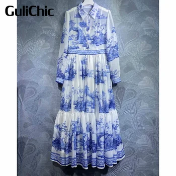 6.27 GuliChic Naiste Kõrge Kvaliteedi Temperament Turn-Down) Krae Ühe Karavan Vintage Print Koguda Talje Elegantne Pikk Kleit