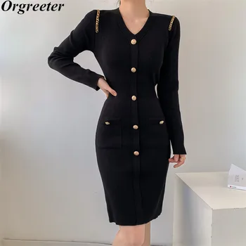 Sügisel Uus Must Kootud Kleit Naiste Vintage V-kaeluse Temperament Pikkade varrukatega Kett Deco Lühike Kampsun Kleit Naistele