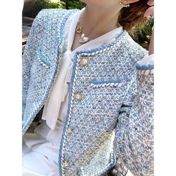 Elegantne Luksus Sinine Ruuduline Tviid Jakk Naiste Vintage Ümber Kaela Pearl Nupp Disain, Lühike Mantel Korea Fashion Chaqueta 2023 Uus