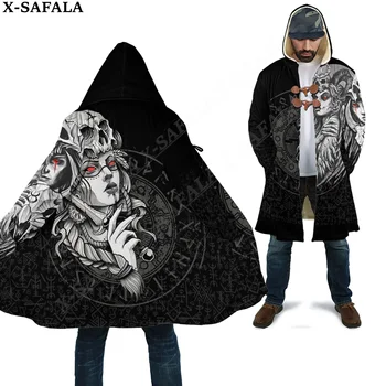 Valkyries Kolju Tattoo Sümbol Viking Odin Overcoat Mantel 3D Print Paks Soe Kapuutsiga Varjatud Mehed Hingav Fliis Unisex-1