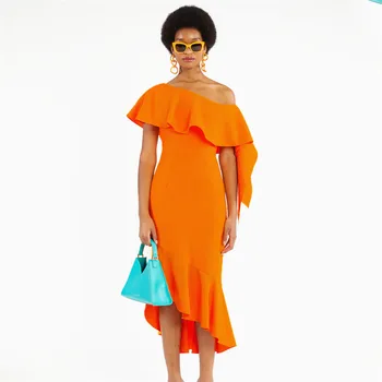 Uus Oranž Sidemega Kleit Naiste Suvel Ühe Õla Ruffles Asümmeetrilise Pikk Bodycon Kuulsus Õhtu Pool Pulm Hommikumantlid Külaline