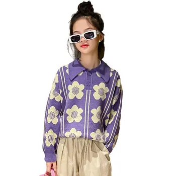 Korea Sügisel Beebi Tüdrukute Kampsun Lille Mustriga Mantel Lapsed Kudumise Pullover Topid Lastele Mood Turn-Down) Krae Riided 5-14Y