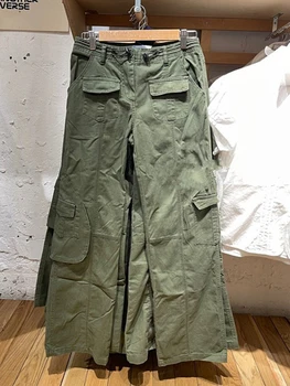 Vintage Casual Green Cargo Püksid Naiste Sügis Tahke Reguleeritav Elastne Kõrge Vöökoht Pikad Püksid Retro Streetwear Y2k Püksid