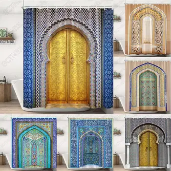 Maroko Kollane Antiik Kaarjas Uksed Dušš Kardinad Vana Vintage Puidust Uks, Vannituba Veekindel Kangas, Vann, Kardinad Konksud
